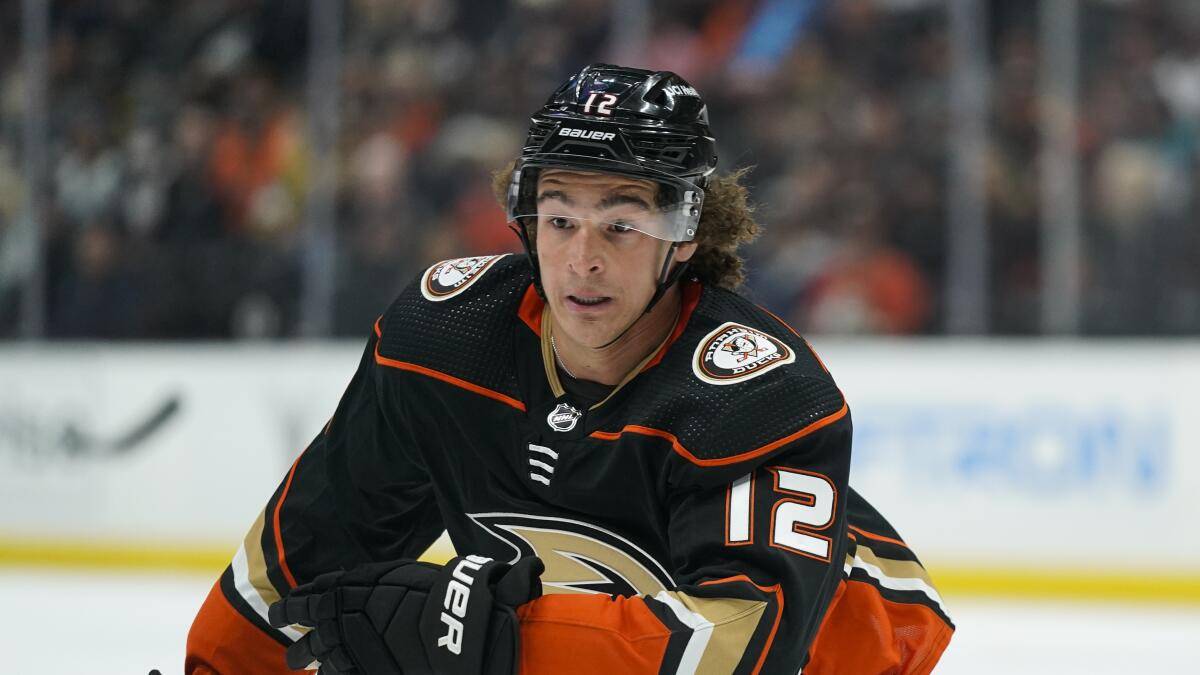 Ducks' Sonny Milano skates during the second period.