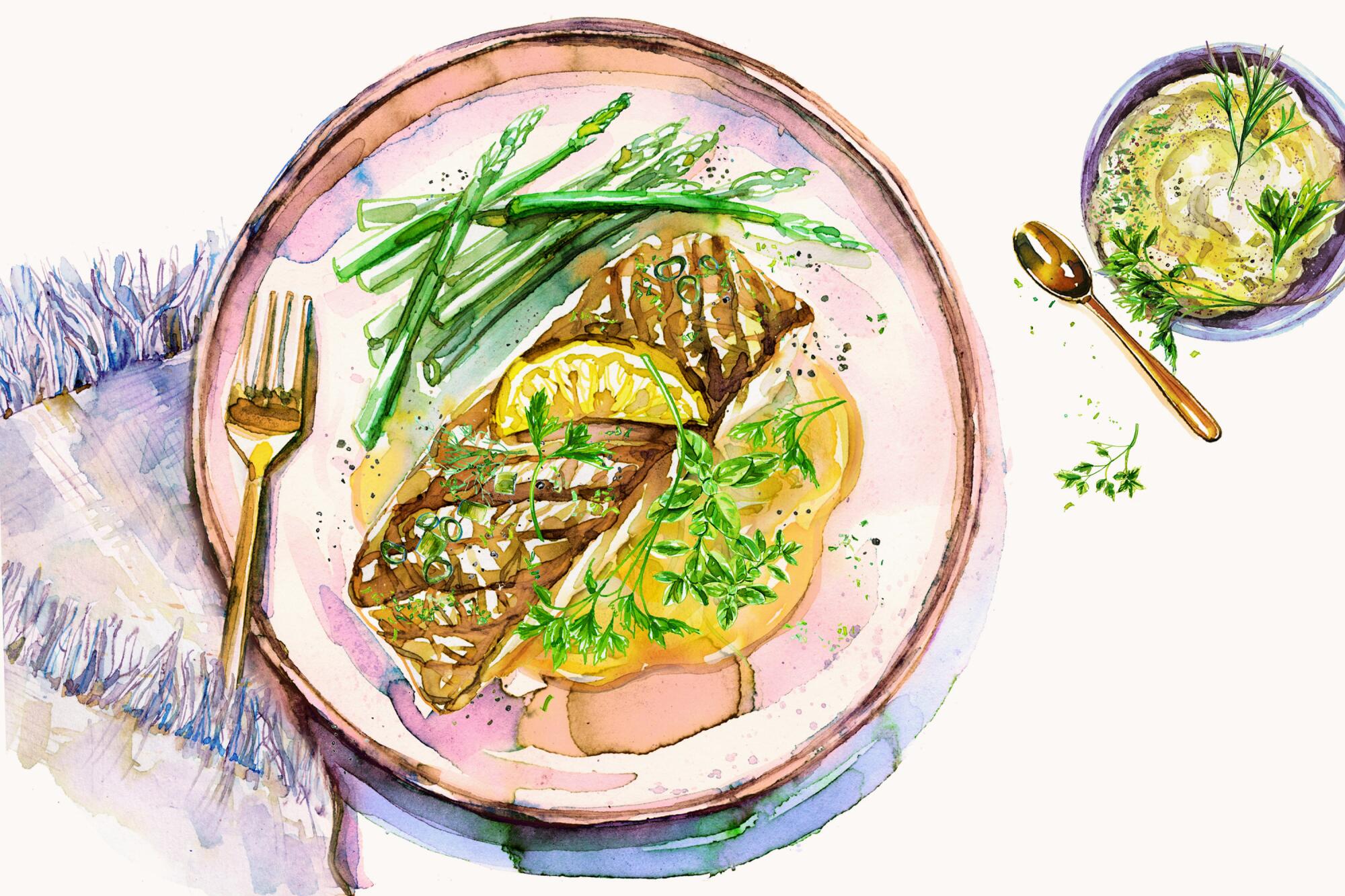 watercolor illustration of a plate with a fish dinner