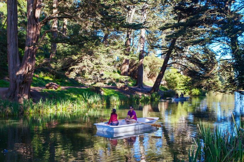 Recreational boaters float on Stow Lake, one of the 10 lakes in Golden Gate Park.
