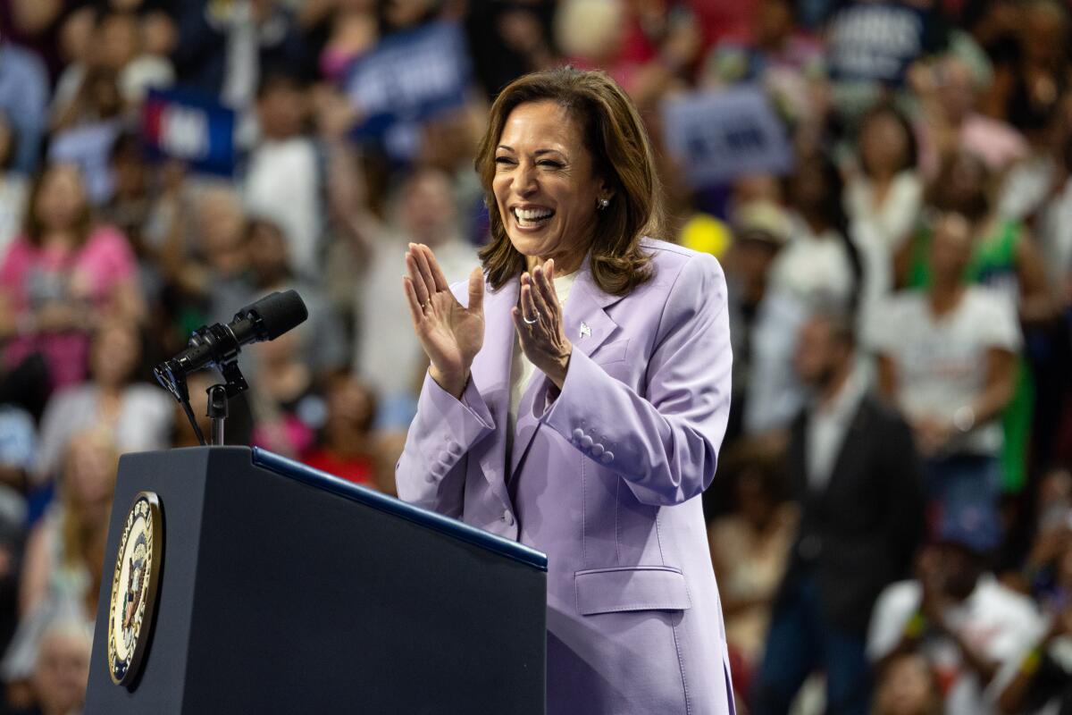 Vice President Kamala Harris gestures during a campaign rally.