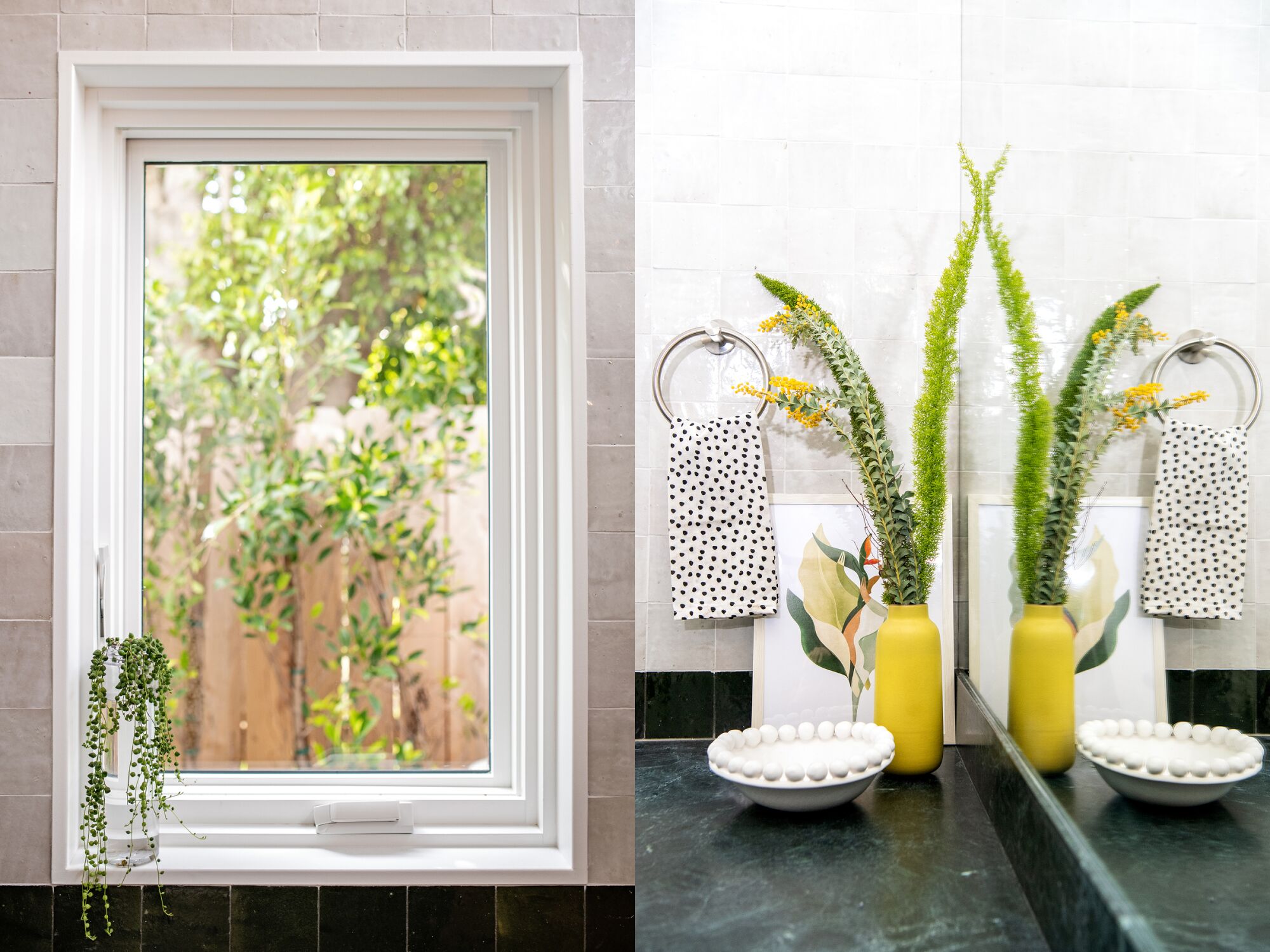 Two side-by-side photos showing a window against green and white tiles, left, and a vase and artwork in a green bathroom, right.
