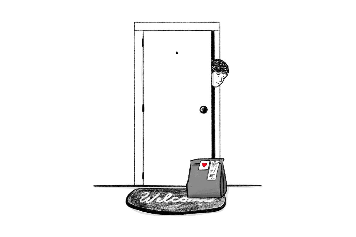 Illustration of a person peeking out of their door to find a food delivery