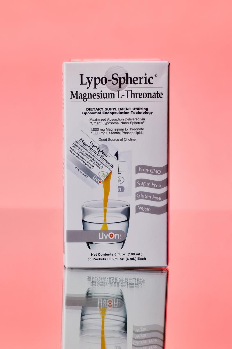 "Lypo-Spheric" magnesium gel, for squeezing into your beverage. A box of 30 packets goes for  at Erewhon.