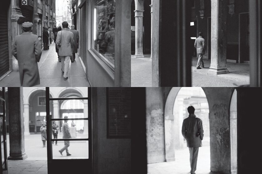 Images from Sophie Calle's book "Suite Venitienne," in which the artist follows a man around Venice, Italy, and records his movements.