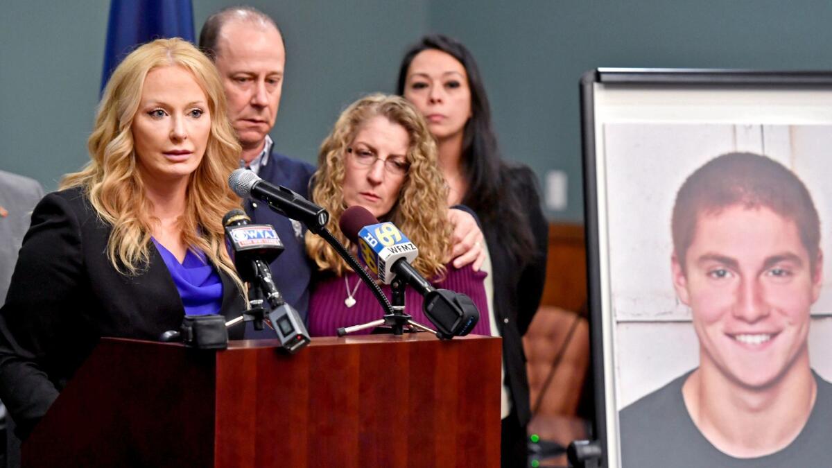 Centre County, Pa., Dist. Atty. Stacy Parks Miller, at left in this May photo, announced Monday that more charges have been filed after investigators recovered deleted surveillance video recorded before the death of Tim Piazza, seen in photo at right.