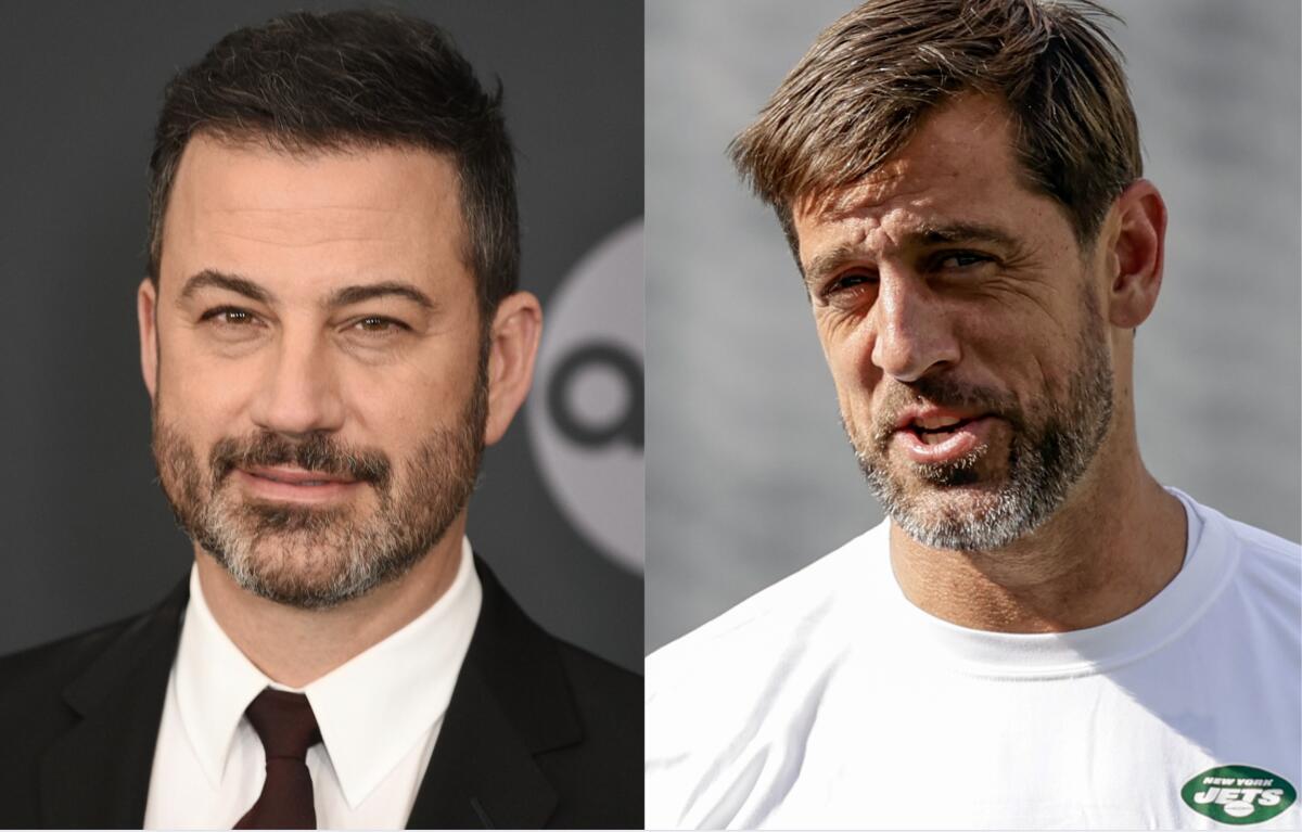 Two photos: Jimmy Kimmel wears a black suit and Aaron Rodgers wears a white T-shirt.