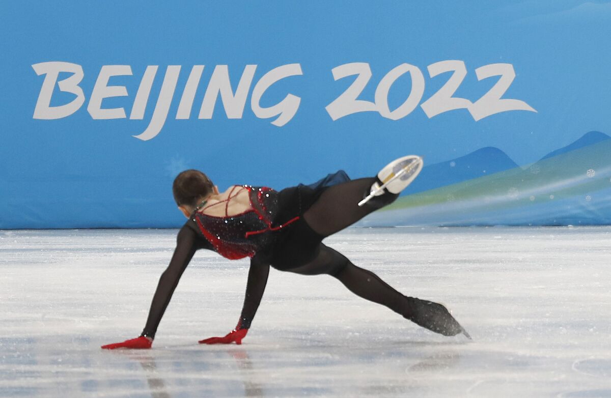 Russian skater Kamila Valieva tumbles during the women's free skate program.