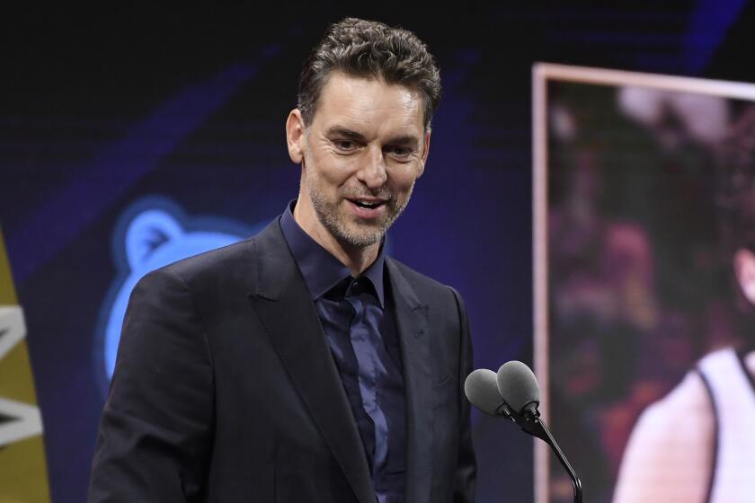 Pau Gasol speaks during his enshrinement at the Basketball Hall of Fame, Saturday.