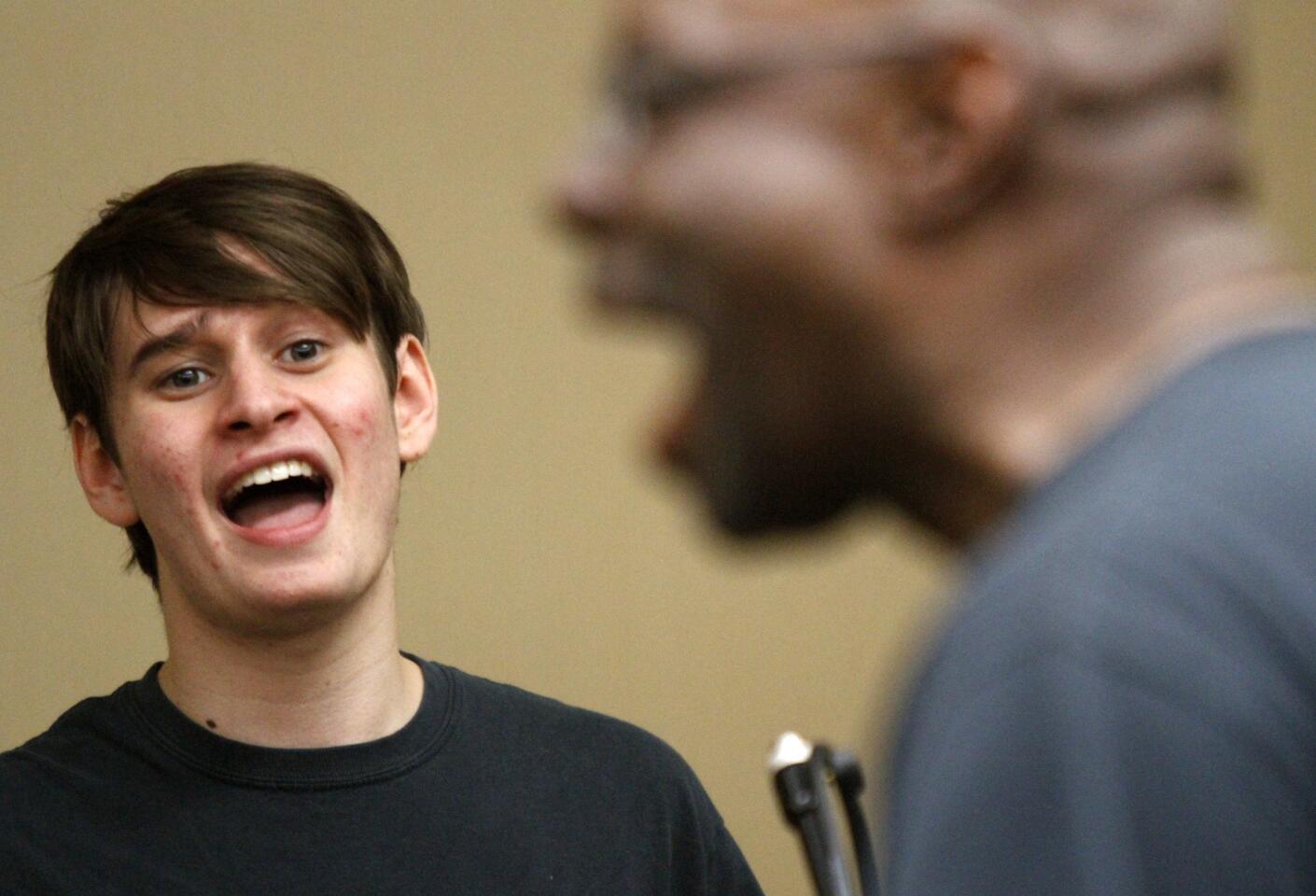 Nathan Heldman, a tenor from Los Angeles, trains for the choir under the guidance of Ronald McCurdy, foreground, at Grammy Camp -- Jazz Session.