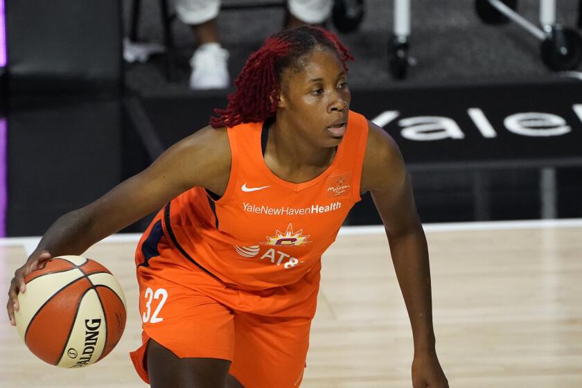 Connecticut Sun guard Bria Holmes (32) during the second half of a WNBA basketball game against the New York Liberty Tuesday, Sept. 1, 2020, in Bradenton, Fla. (AP Photo/Chris O'Meara)