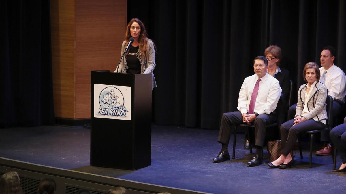 Jeanne Pepper Bernstein, mother of Blaze Bernstein, who was killed a little over a year ago in Lake Forest, speaks during Thursday's community meeting at Corona del Mar High School. Samuel Woodward of Newport Beach is accused of murdering Bernstein because Bernstein was gay.