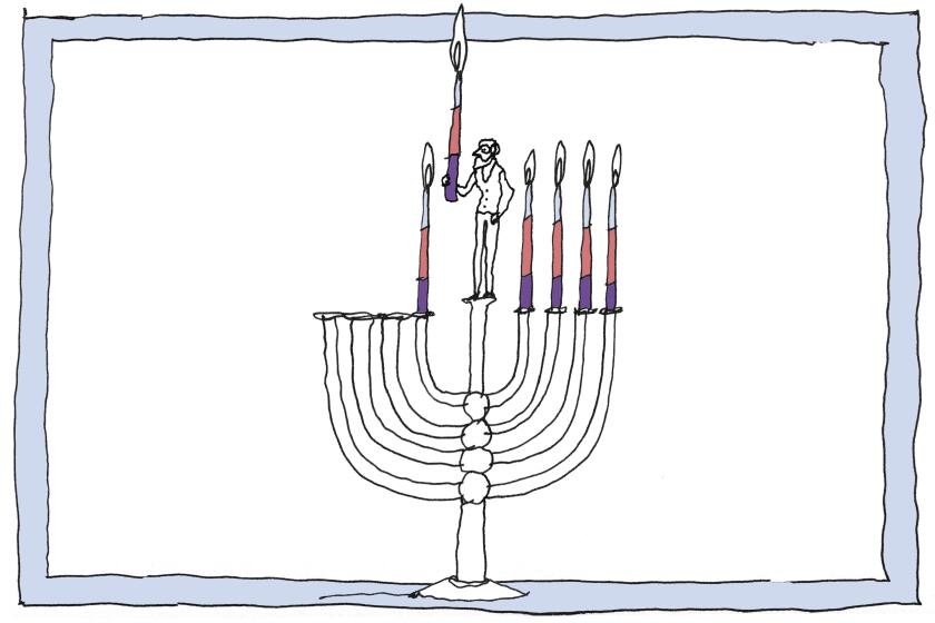 Comic illustration of a man with a beard standing on the center post of a menorah. Six multicolored candles have been lit.