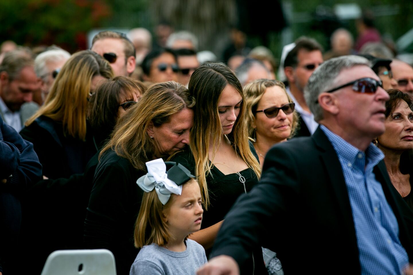 Mourners gather outside of Chabad of Poway for a memorial service for Lori Gilbert Kaye on April 29, 2019 in Poway, California. Kaye was killed on Saturday when a gunman opened fire inside the synagogue.