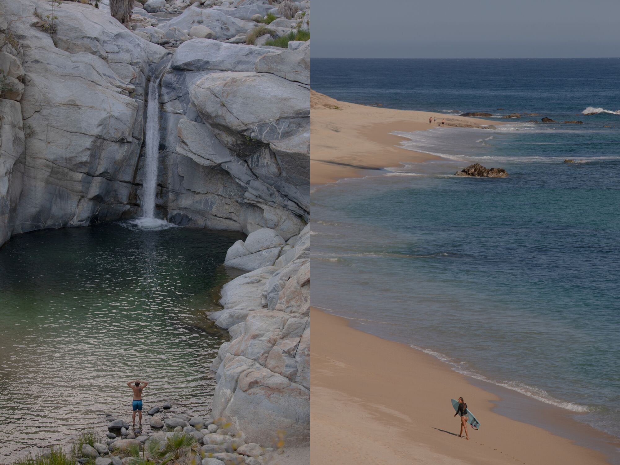 Two photos side by side showing a man at the base of a large waterfall, left, and a surfer walking along a beach, right.