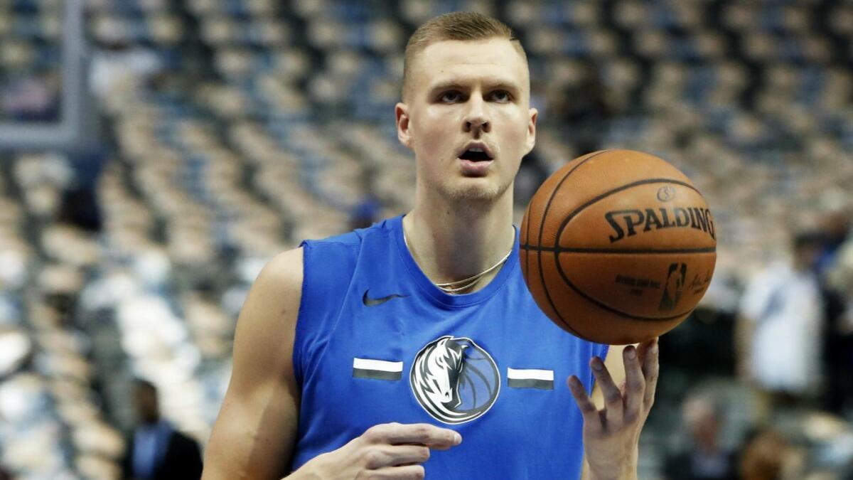 Dallas Mavericks forward Kristaps Porzingis practices before a game against the Minnesota Timberwolves on April 3.