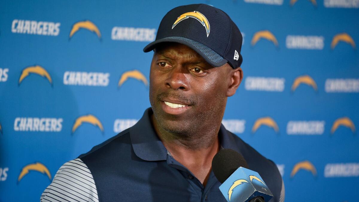 Chargers Coach Anthony Lynn speaks at a news conference on June 13.