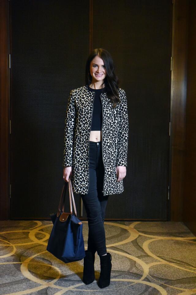 Who: Rachael Talentowski, 27, Harbor East resident, Johns Hopkins Hospital pediatric intensive care RN Spotted at: Galentine’s Day Soiree at Four Seasons Hotel Baltimore What she wore: Sleeveless black cropped top from Free People store; black skinny jeans from Madewell store; leopard print jacket from cupcakesandcashmere.com; and Nine West black pointy toe booties, hammered gold hoop earrings and Longchamp navy tote from Nordstrom. Her evolving style: “I’ve been more of a sneakers person. But, I love shoes and I like a good occasion to wear heels. I’ve been having more fun with my style as I’m getting older because I’m feeling more confident.”