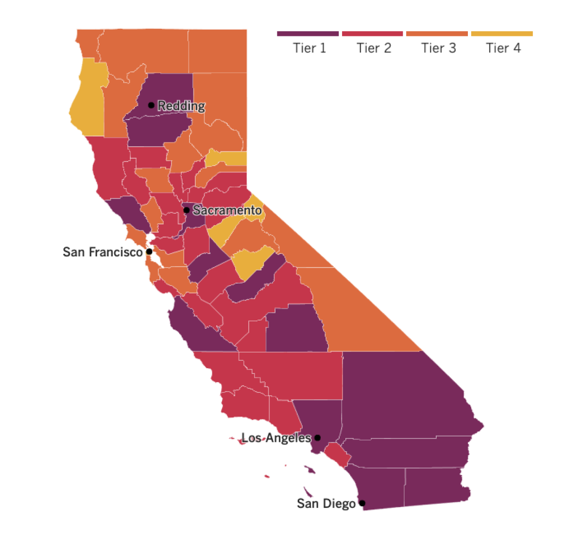A map of California showing the tiers to which counties have been assigned based on their local levels of coronavirus risk.