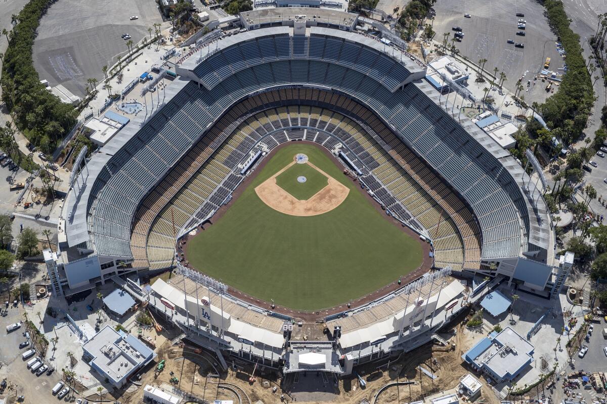 An aerial view of Dodger Stadium is shown.