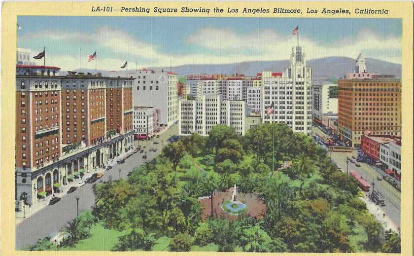 An aerial view shows the lush grounds of Pershing Square before the 1950s.