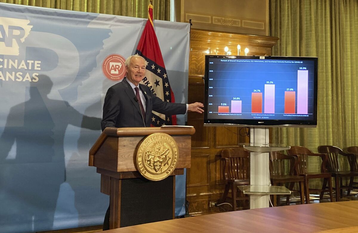 Arkansas Gov. Asa Hutchinson stands next to a chart displaying COVID-19 hospitalization data as he speaks at a news conference at the state Capitol in Little Rock, Ark., Thursday, July 29, 2021. Hutchinson announced he was calling a special session to take up a proposal to lift the state’s ban on face mask mandates in public schools. (AP Photo/Andrew DeMillo)