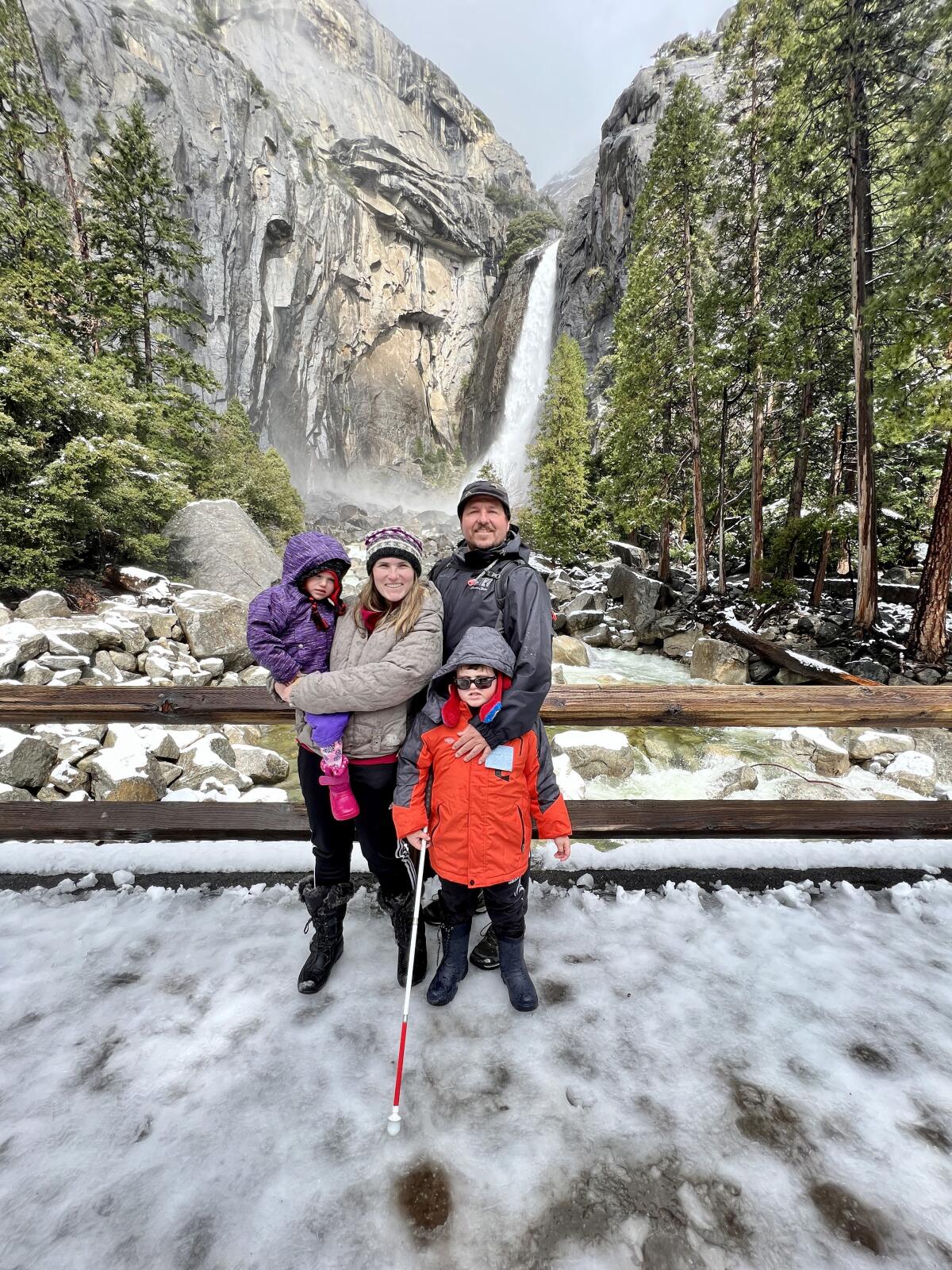 The Seitz family of Huntington Beach (Kirra, Katrina, Karl and Karl) at Lower Yosemite Falls.