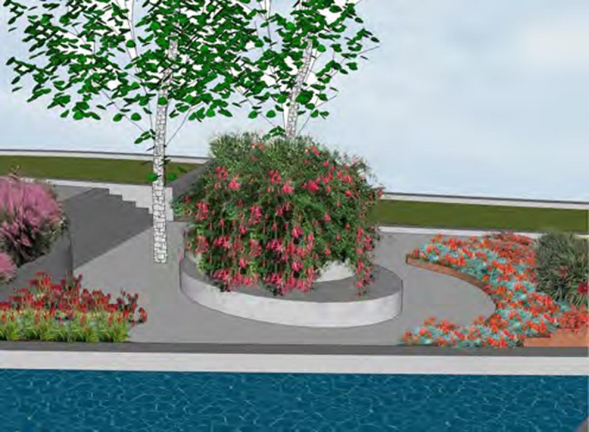 A digital rendering shows flowers growing in an oval, raised bed shaded by two trees.