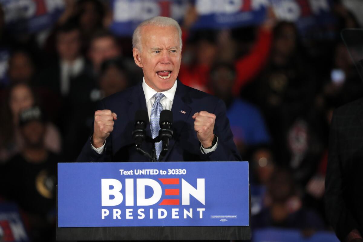 Joe Biden speaks at a rally in Columbia, S.C., after winning the South Carolina primary. 