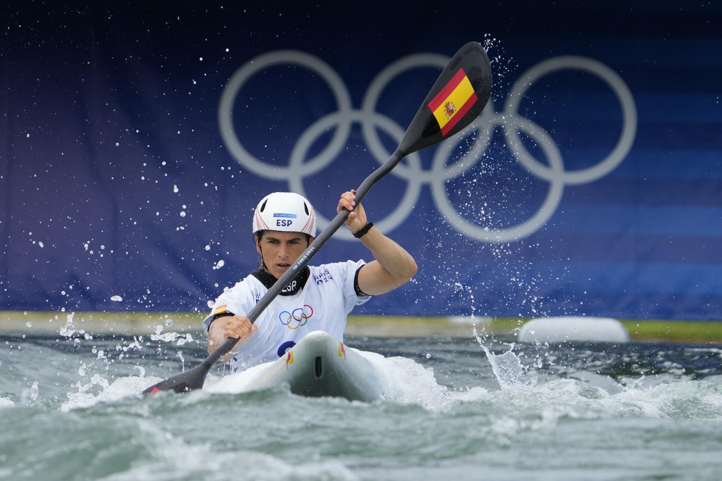 Maialen Chourraut, of Spain trains on the canoe slalom course at the 2024 Summer Olympics.