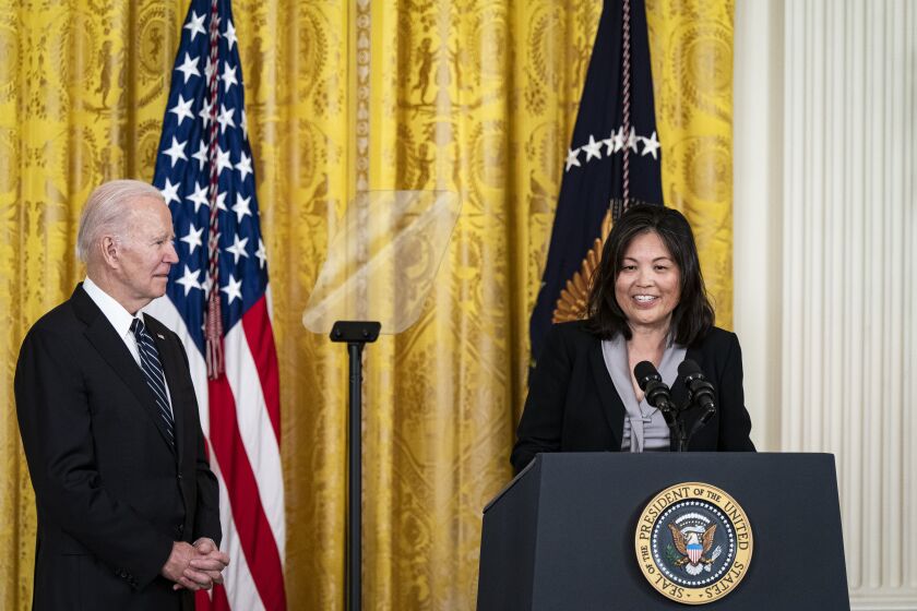 Julie Su, deputy US secretary of labor, speaks during a nomination event with US President Joe Biden, left, in the East Room of the White House in Washington, DC, US, on Wednesday, March 1, 2023. If confirmed to serve as the secretary of labor, Su would increase the number of women serving in Biden's cabinet and is expected to lead the Department of Labor on an acting basis until the Senate takes up her nomination. Photographer: Al Drago/Bloomberg via Getty Images