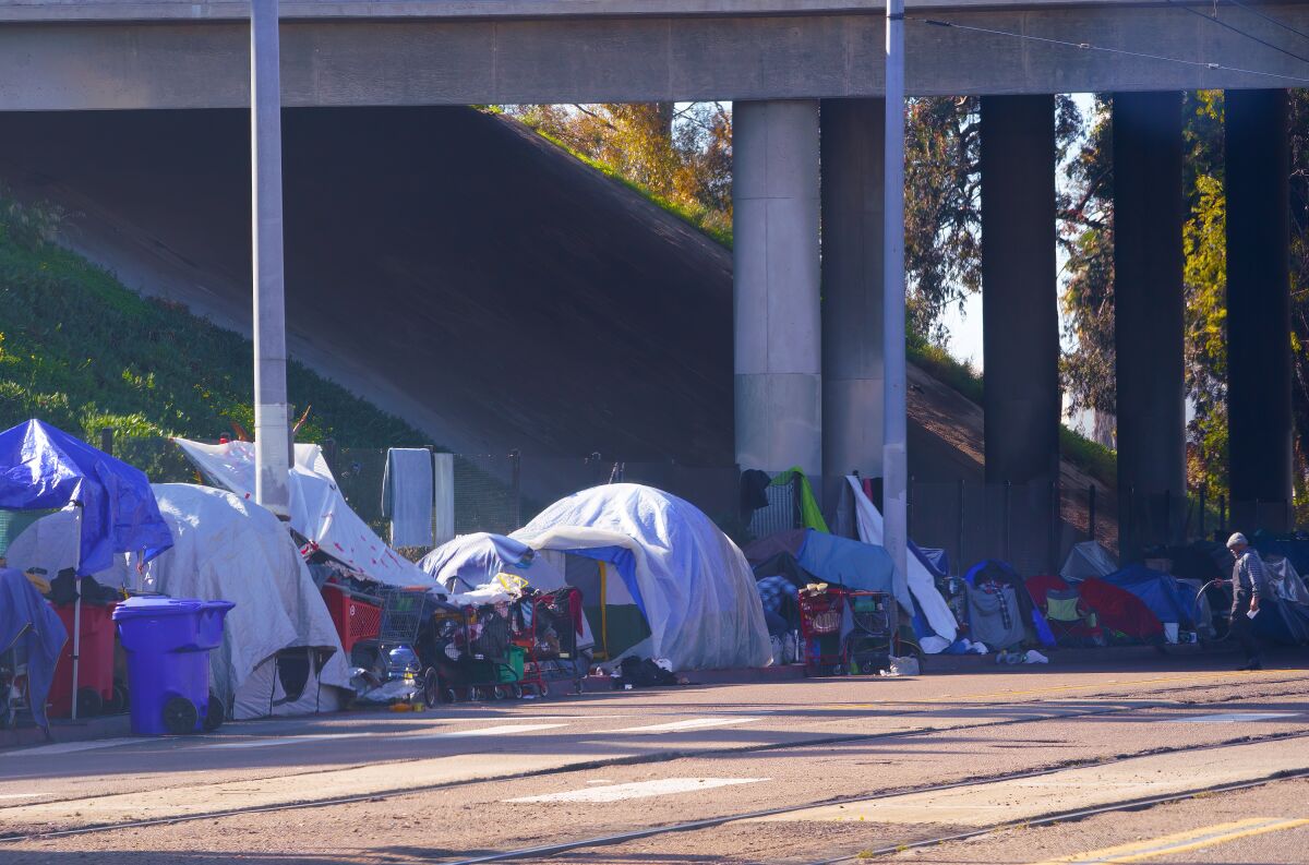 Homeless encampment on Commercial Street in downtown San Diego.
