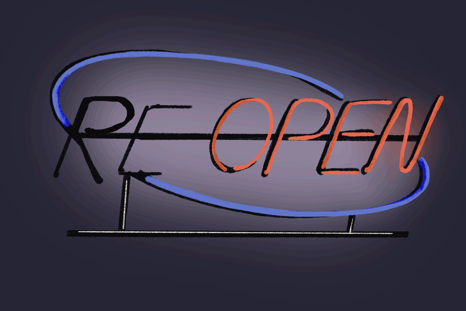 Animated illustration of a neon sign that says "RE-OPEN" where the "RE" is flickering.