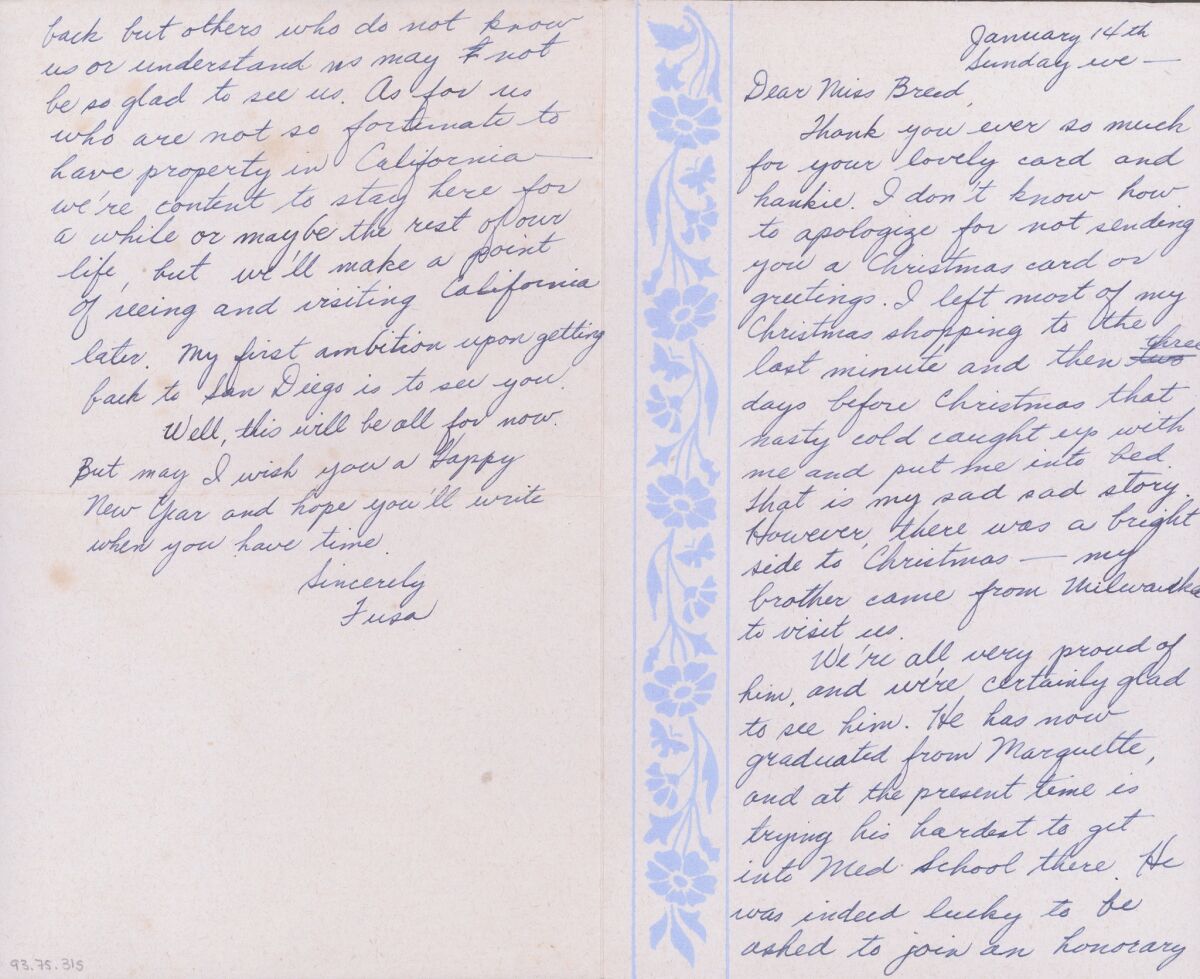 A 1945 letter from Fusa Tsumagari. (Japanese American National Museum)