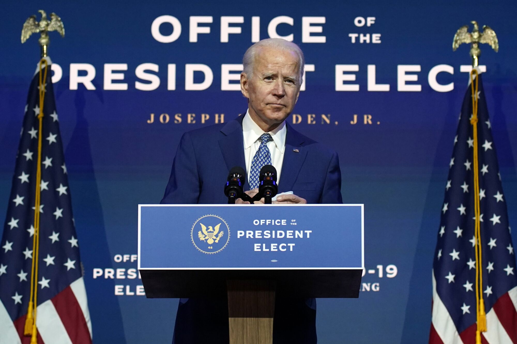 President-elect Joe Biden speaks at the Queen theater in Wilmington, Del.