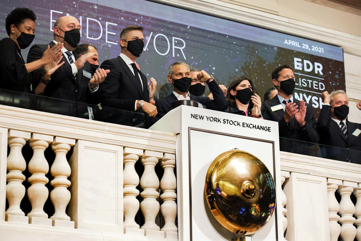 Endeavor CEO Ari Emanuel gestures after ringing the NYSE opening bell.