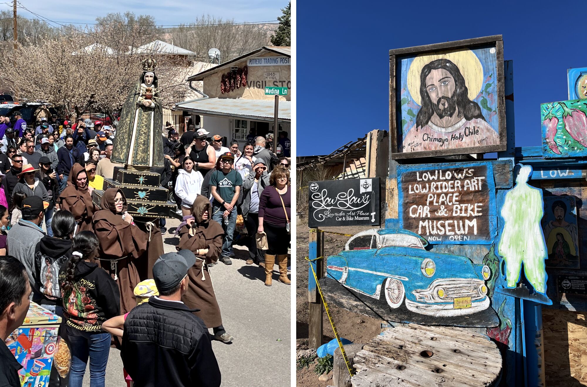 A diptych of: a Good Friday procession carries a statue of the Virgin Mary at left; and religious icons and folk art display