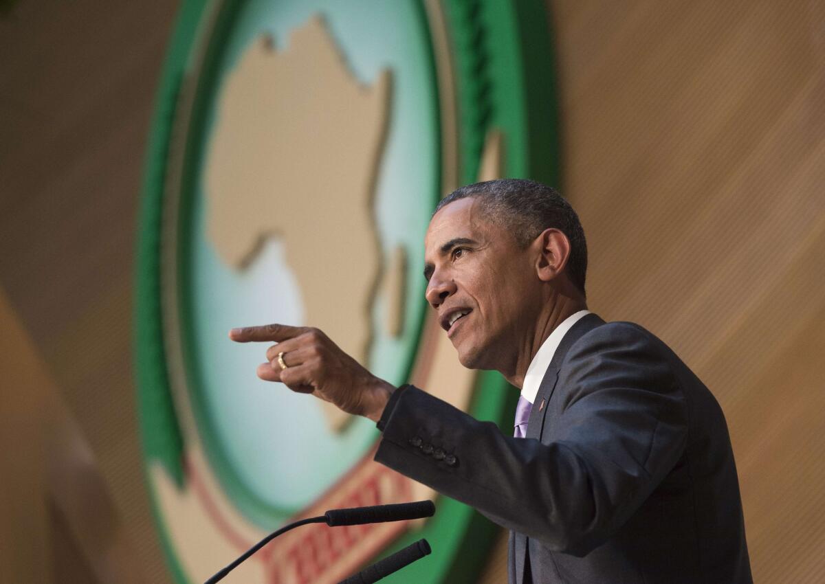 President Obama told African leaders Tuesday in an address at the African Union that it was time for the world to change its approach to the continent, calling for more investment and entrepreneurship rather than simply aid.