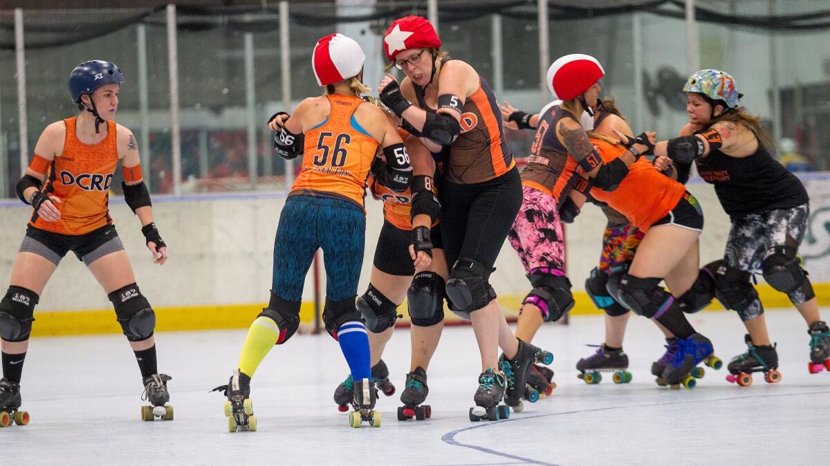 Mental and physical toughness are on display at a recent Orange County Roller Derby league practice at The Rinks in Huntington Beach.