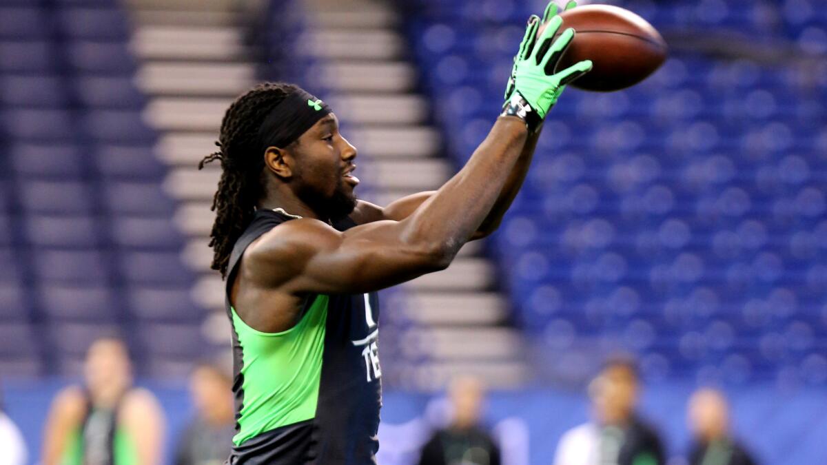 South Carolina State tight end Temarrick Hemingway performs a drill at the NFL scouting combine in February.