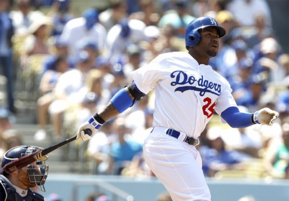 Dodgers outfielder Carl Crawford is batting .409 with three home runs and four stolen bases in 12 games at Dodger Stadium this season.