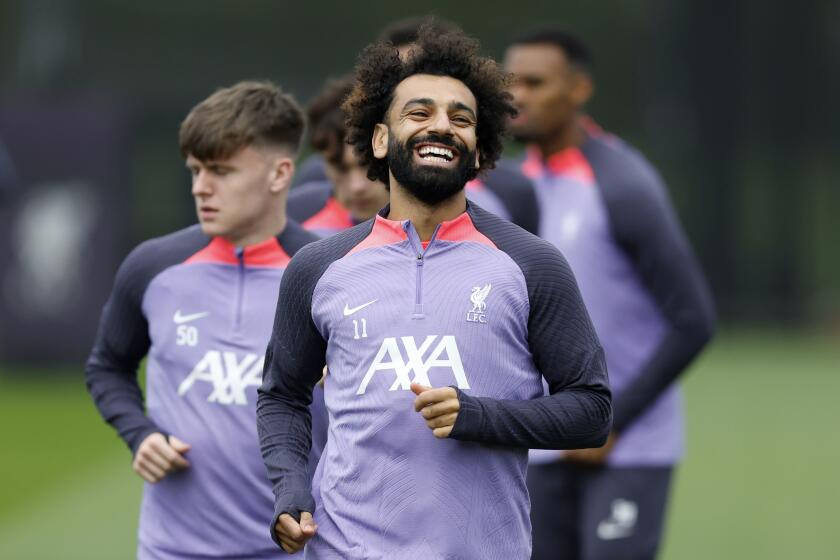 Liverpool's Mohamed Salah during a training session at the AXA Training Centre, Liverpool ahead of Thursday's Europa Conference League soccer match against Zrinjski at the Bodymoor Heath Training Ground, England, Wednesday Oct. 4, 2023. (Nigel French/PA via AP)