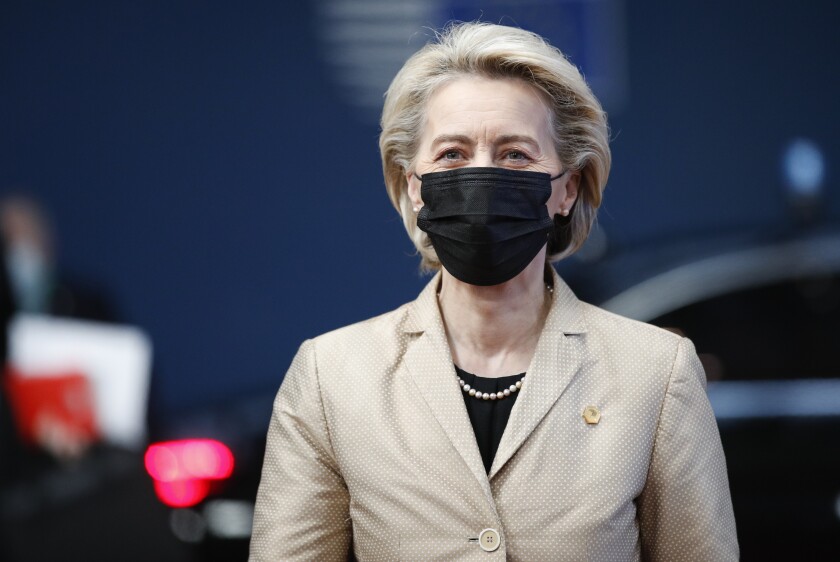European Commission President Ursula von der Leyen arrives for an EU Summit at the European Council building in Brussels, Thursday, Dec. 16, 2021. European Union leaders meet for a one-day summit Thursday that will center on Russia's military threat to neighbouring Ukraine and on ways to deal with the continuing COVID-19 crisis. (Johanna Geron, Pool Photo via AP)
