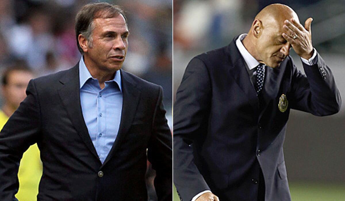 Coach Bruce Arenas, left, and the Galaxy will face a different-look Chivas USA on Sunday, including new Head Coach Jose Luis Sanchez Sola.