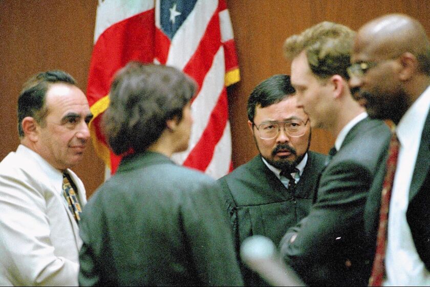 Judge Lance A. Ito and attorneys during one of many sidebar conferences in Simpson murder trial.