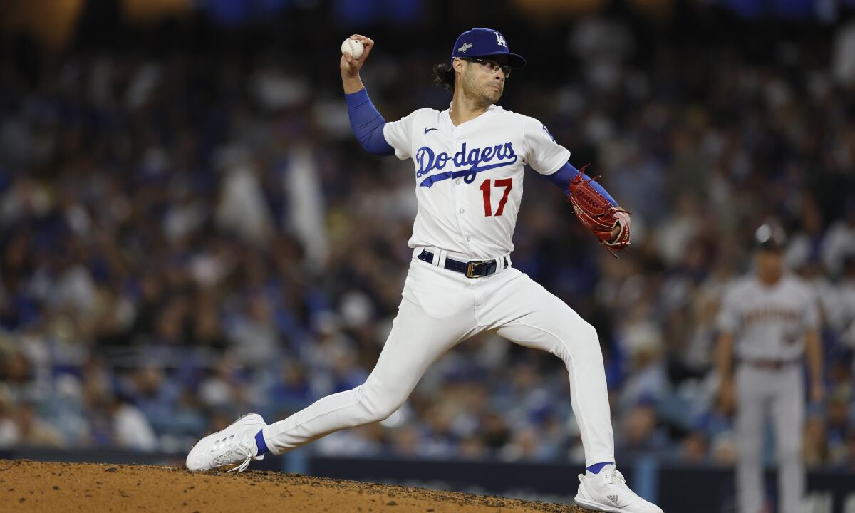 Dodgers reliever Joe Kelly delivers during Game 2 of the NLDS at Dodger Stadium.