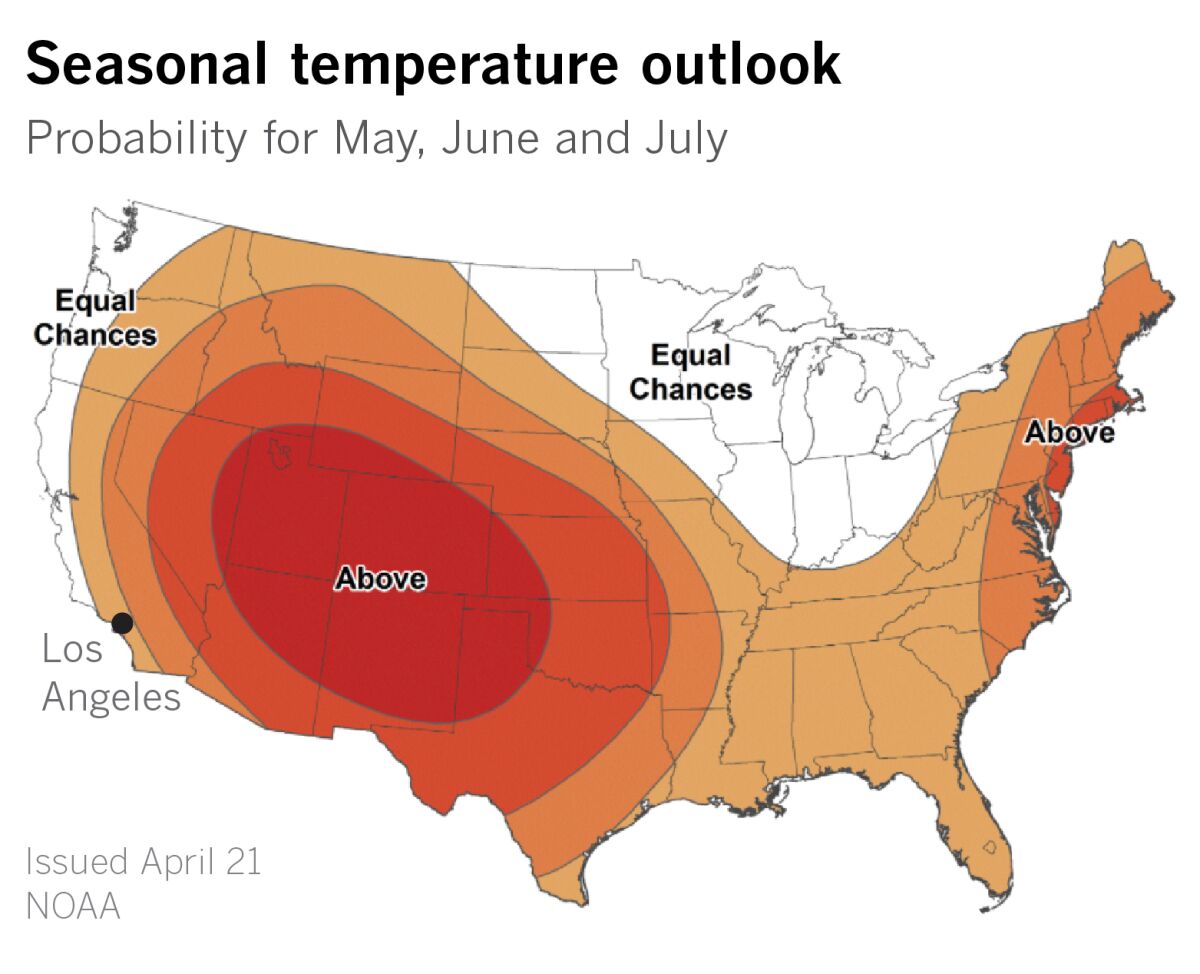 Seasonal temperature outlook for May through July.