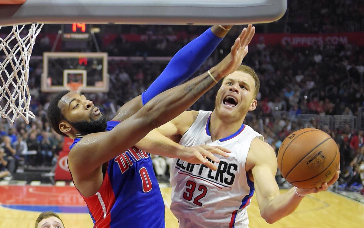 Clippers' Blake Griffin, right, shoots against Detroit's Andre Drummond on Nov. 7.