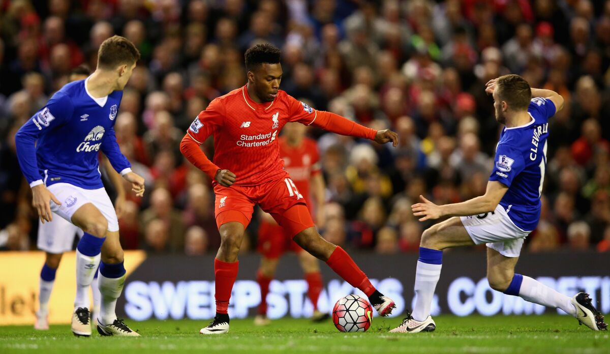 Daniel Sturridge of Liverpool in action during the Barclays Premier League match against Everton at Anfield on April 20.
