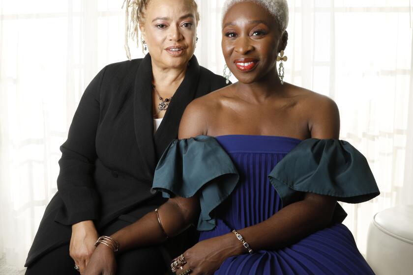 LOS ANGELES, CALIFORNIA--SEPT. 12, 2019--Cynthia Erivo , right, and Kasi Lemmons, left, are the star and director behind "Harriet" a biopic about Harriet Tubman. Photographed in Los Angeles on Sept. 12, 2019. (Carolyn Cole/Los Angeles Times)