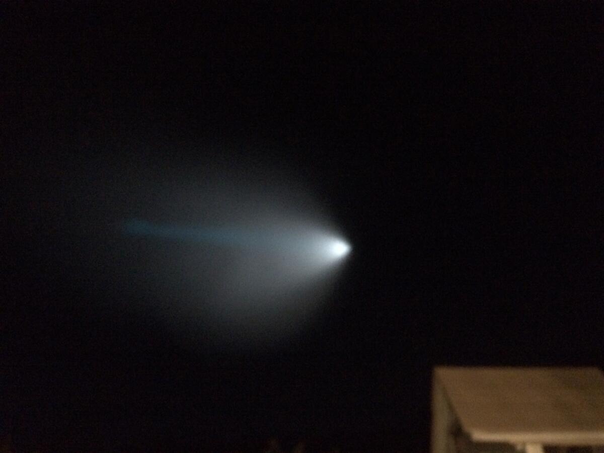A light created by a naval test fire off the Southern California coast was seen across the Southland and Arizona on Saturday evening.